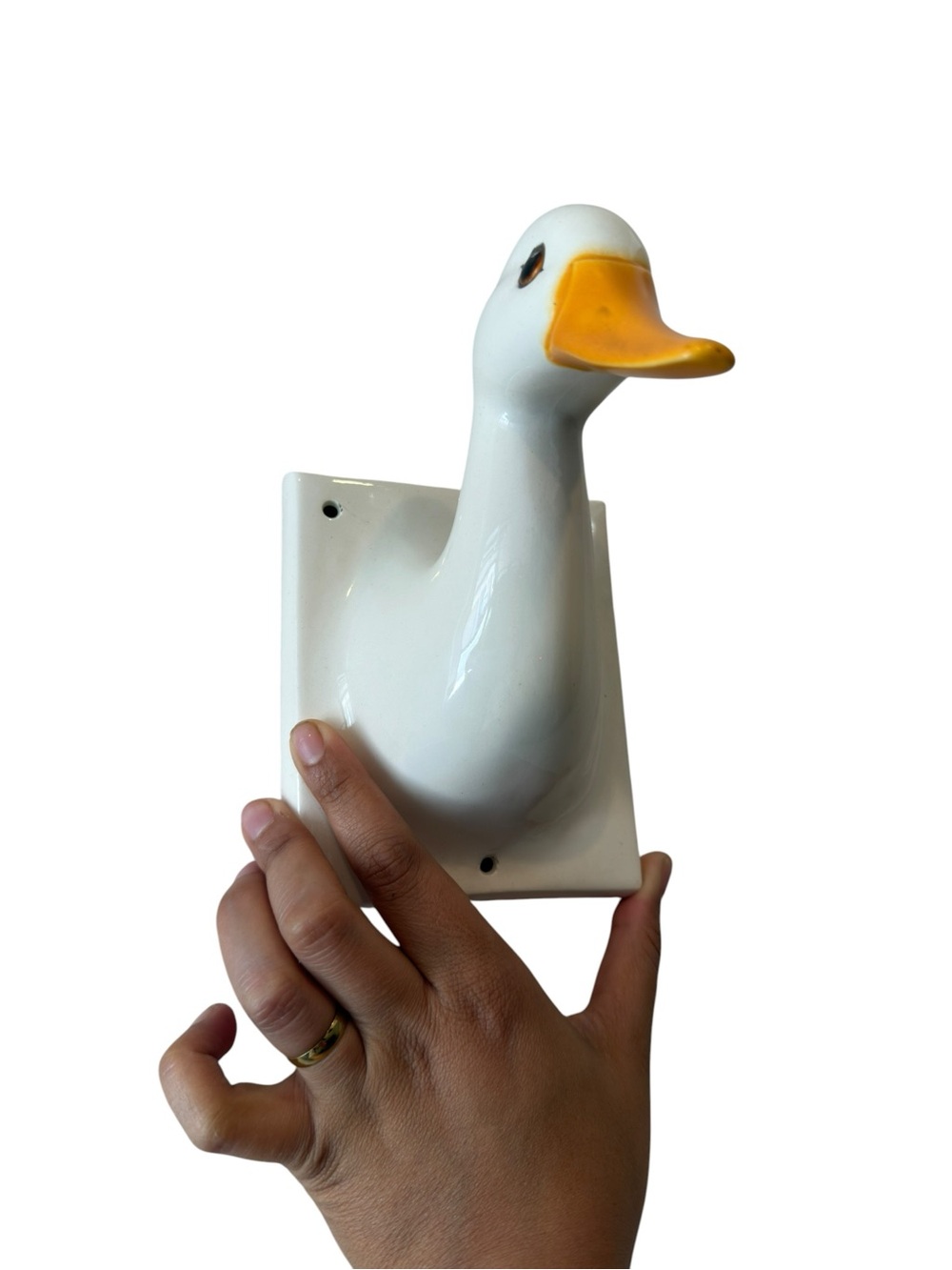 White Ceramic Duck Goose Wall‎ Hook with Yellow Beak - Vintage Decorative Hanger